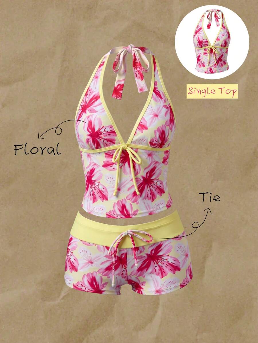 Elavelle Women's Spring/Summer Random Print Spaghetti Strap Bow Bikini Top - Multicolor - View 1