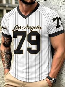Manfinity Gritte Field 男士 Los Angeles 79 號條紋網眼 V 領運動球衣，快乾透氣棒球短褲 - 彩色 - 查看 8