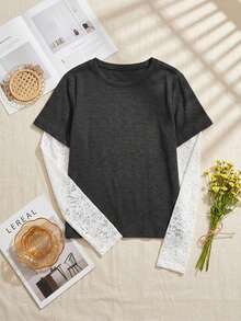 Dazy Plus Plus Size Contrast Color Lace Patchwork Striped T-Shirt Cute Tops - Grey - View 4