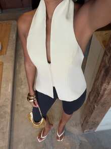 SHEIN BAE Women's Casual Elegant Sexy Commute Halter Neck Backless Tank Top Small Stand Collar Front Zipper Off-White Brunch Date Night Night Out Summer - Beige - View 7