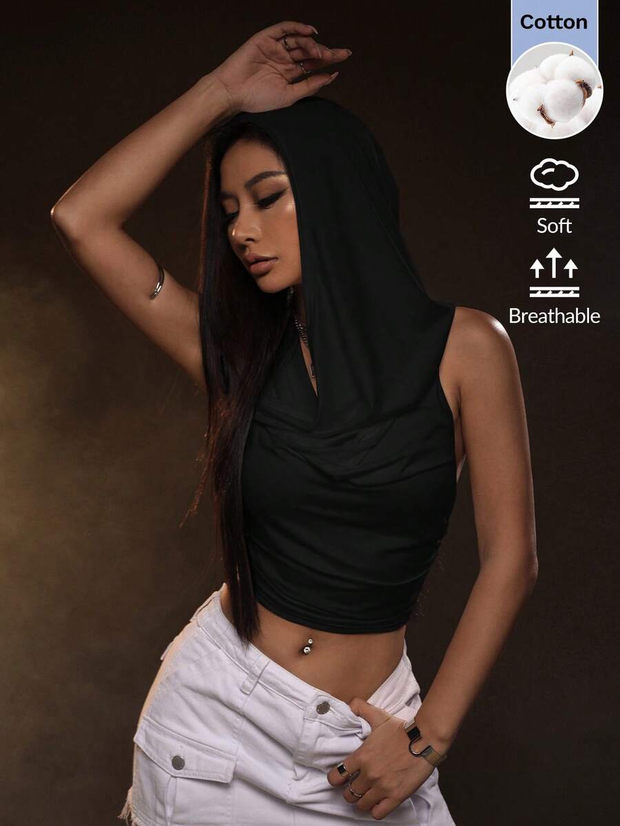 SHEIN ICON 女款純色連帽露背時尚休閒性感街頭風 Techno 上衣,黑色夏季夜店外出電音派對萬聖節穿搭 - 黑色 - 查看 1