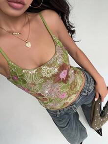 Aloruh 女款新款日常街頭風性感蕾絲與亮片拼接細肩帶背心上衣 - 彩色 - 查看 5