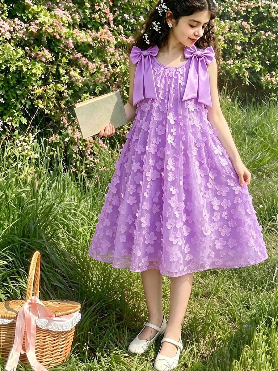 SHEIN Elladie kids 优雅时尚荷叶边珍珠装饰网纱女童连衣裙