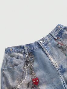 ROMWE Plus Size Women's Distressed Washed Chain & Badge Print Wide Leg Jeans - Blue - View 3
