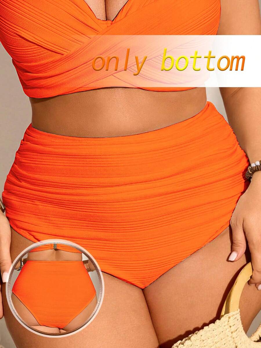 Swim Chiccia Plus Size Women Ribbed Fabric Solid Color Ruched Tummy Control Swimwear Bottom, Suitable For Daily And Holiday Wear For Summer Beach Vacation - Orange - View 1