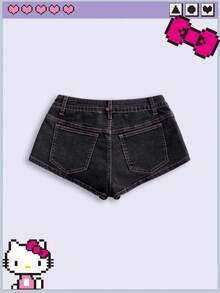 HELLO KITTY AND FRIENDS | ROMWE Kolaborasi Busana Musim Panas Gaya Y2K Hot Girl Celana Pendek Denim Mini Pinggang Sangat Rendah Kontras Hitam & Pink - Hitam - View 2