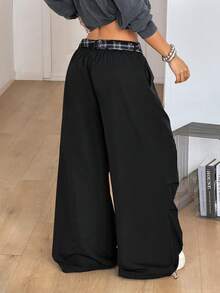 Coolane 女款秋季街頭風外出休閒運動風黑色格紋肩帶降落傘褲，嘻哈街頭穿搭，健身運動服 - 黑色 - 查看 8
