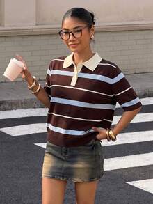 Muchica 女款休閒條紋 Polo 領短袖針織上衣，藍色與棕色條紋，春假外出上衣，可愛學院風短袖上衣 - 彩色 - 查看 5