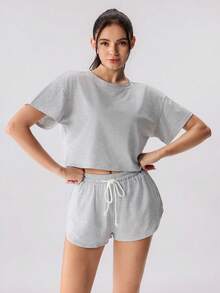 Loungeista 2pcs/Set All Season Striped Knit Street Casual Sports Tie-Up Pocket Shorts & Loose Round Neck Short Sleeve T-Shirt Set - Light Grey - View 4
