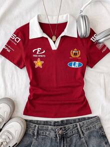 Attitoon 女款休閒復古 Polo 領修身 T-shirt，Y2K 風格，復古夏季服飾，街頭風，適合日常通勤、約會、派對、秋冬/夏季、婚禮、海灘、畢業典禮，優雅休閒，適合出遊、音樂節穿搭、度假服飾、賽車風 - 彩色 - 查看 5