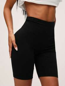 SHEIN BASICS 1件女款寬腰運動單車短褲 夏季款 - 黑色 - 查看 3