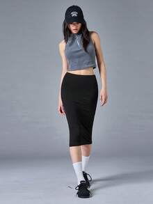 SHEIN BASICS 女款高腰緊身夏季裙 - 黑色 - 查看 6