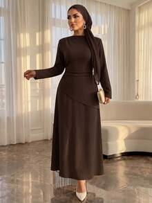 SHEIN Lady CURVE 大尺碼巧克力棕色秋季端莊日常兩件式套裝裙，優雅辦公室穿搭夏季 - 咖啡棕 - 查看 3