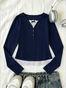 SHEIN Fashion Cute Casual Girl Polka Dot Print Patchwork Bow Decor Long Sleeve Top, Navy Blue, Spring Autumn Birthday Prom - Navy Blue - View 7