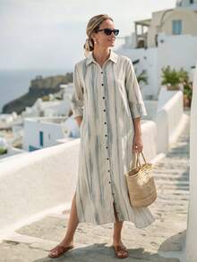 Faunlyn Robe d'été décontractée fendue à simple boutonnage blocs de couleurs pour femmes - Multicolore - Voir 5