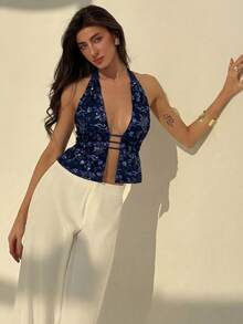 Aloruh Tank Top Wanita Model Halter Neck dengan Tali di Belakang dan Punggung Terbuka, Motif Patchwork dan Payet Warna Biru Tua, Cocok untuk Acara Malam Hari di Musim Panas. - Navy Blue - View 6