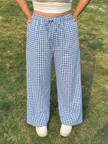 SHEIN EZwear 浅蓝色加大码休闲格子松紧腰宽松裤 - 淺藍色 - 查看 4