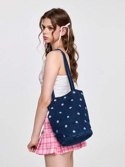 ROMWE Kawaii Cute Daisy Embroidered Denim Bucket Bag, Chain Decor Casual Shoulder Bag Suitable For Teenage Girls