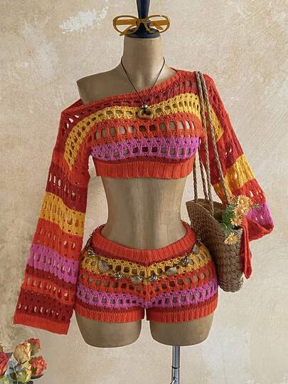 Soleia Women's Casual Vacation Vintage Striped Crochet Long Sleeve One Shoulder Top + Vintage Striped Mini Crochet Shorts 2-Piece Set, Casual, Date, Afternoon Tea, Beach, Cruise Vacation, Music Festival Outfit, Bohemian, Music Festival Outfit, Island Vacation Outfit, Hippie, Western, Can Be Worn Inside Or Outside, Suitable For All Seasons, Daily Commute