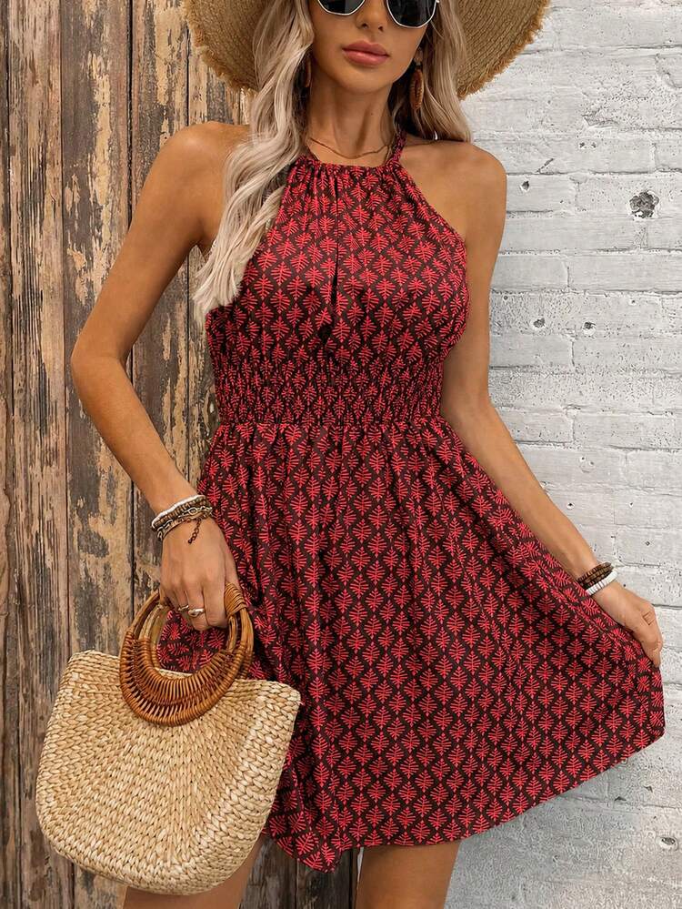 Balvessa Vacation Casual All-Over Print Halter Neck Dress - Multicolor - View 4