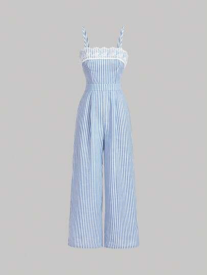 SHEIN MOD Jumpsuit hai dây nữ dáng casual mặc hàng ngày, phối ren patchwork kẻ sọc, xếp ly
