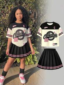 Girls' Set Sweet Cool Style! White Pink Black Color Block Eye-Catching, T-Shirt Street Style; Striped Color Block Design On Cuffs Is Lively. Paired With Pleated Black Short Skirt, Pink Black Striped Hem Echoes The Top, Casual And Fashionable. The Overall Outfit Is Full Of Energy, Easily Unlocks Sweet Girl Sporty Style, Suitable For Daily, Travel And Multiple Scenes, A Must-Have Eye-Catching Children's Clothing. - Multicolor - View 1