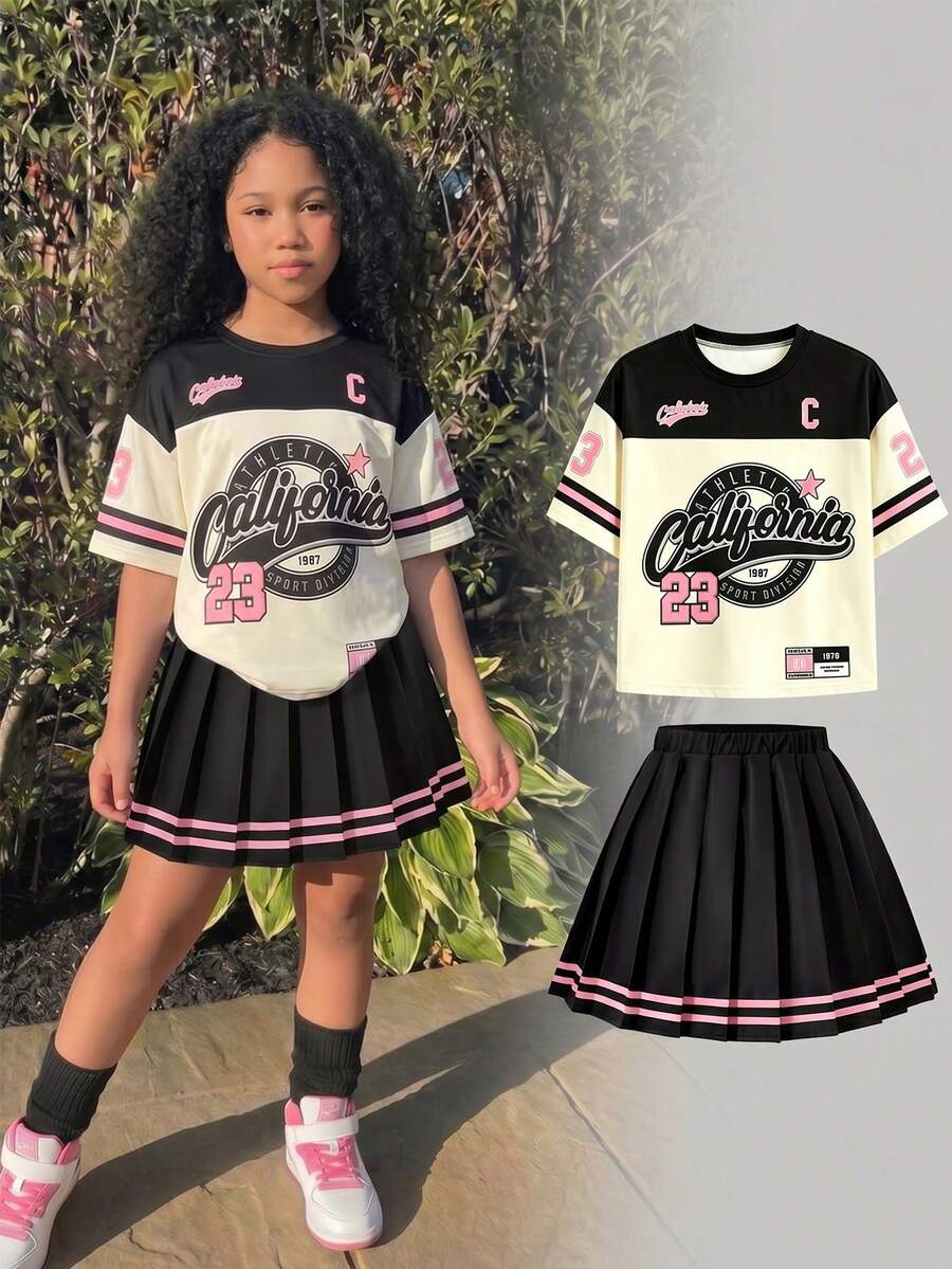 Girls' Set Sweet Cool Style! White Pink Black Color Block Eye-Catching, T-Shirt Street Style; Striped Color Block Design On Cuffs Is Lively. Paired With Pleated Black Short Skirt, Pink Black Striped Hem Echoes The Top, Casual And Fashionable. The Overall Outfit Is Full Of Energy, Easily Unlocks Sweet Girl Sporty Style, Suitable For Daily, Travel And Multiple Scenes, A Must-Have Eye-Catching Children's Clothing. - Multicolor - View 1