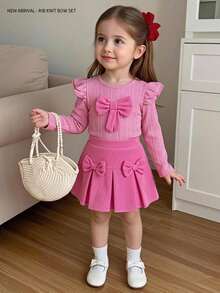 SHEIN Playful Pals 嬰兒女童白色針織紋理布料短袖長袖上衣與粉色燈芯絨裙 T-shirt 兩件套，甜美可愛兒童套裝 - 粉色 - 查看 4