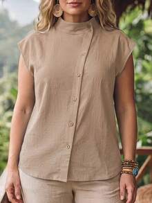 SHEIN LUNE CURVE Women's Solid Color Single-Breasted Casual Versatile Daily Wear Top - Apricot - View 3