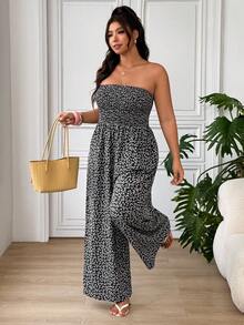 SHEIN EZwear 大尺碼女款碎花抓皺平口寬腿連身褲，度假風 - 彩色 - 查看 3
