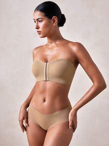 Veilyse 2pcs (Black + Khaki) Front Closure Bandeau Bras, Upgraded Non-Slip Silicone, Wireless Seamless Bras (A-C Cup) - Multicolor - View 5