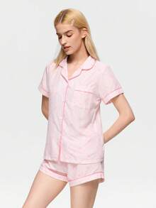 Bonmuse Polka Dot Bow Print Women Bubble Crinkle Short Sleeve Shorts Pajama Set - Pink - View 4