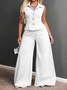 SHEIN ICON Plus Size Fashion Solid Color Wide Leg Jeans - White - View 3