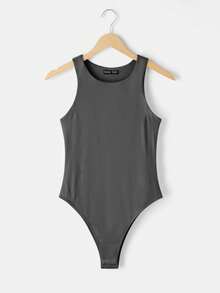 SHEIN BASICS 3件組女款休閒極簡基礎圓領無袖修身純色針織連身衣 夏季日常上班穿搭 白色 灰色 黑色 - 深灰色 - 查看 9