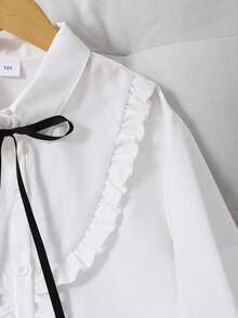 1件女款學院風純白色襯衫，黑色蝴蝶結領，長袖內搭襯衫，胸前飾有荷葉邊蕾絲，春夏/秋冬校園通勤穿搭 - 白色 - 查看 4