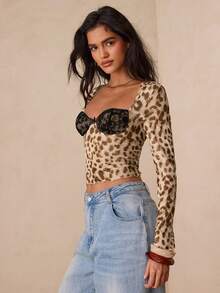 Allurite Vintage Leopard Lace Patchwork Women's T-Shirt, Slimming Short Style Base Layer, New Spring/Summer Sexy Long Sleeve Top - Multicolor - View 5