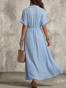 SHEIN Holidaya Vestido de camisa de cuello texturizado azul claro de verano, vestido midi de línea A de manga corta con cintura plisada al estilo francés, vestido largo versátil y estilizador para la oficina y uso casual - Azul - Ver 3