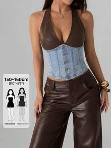 SHEIN Tall Women's Color Block Halter Neck Denim Corset Top - Light Wash - View 2