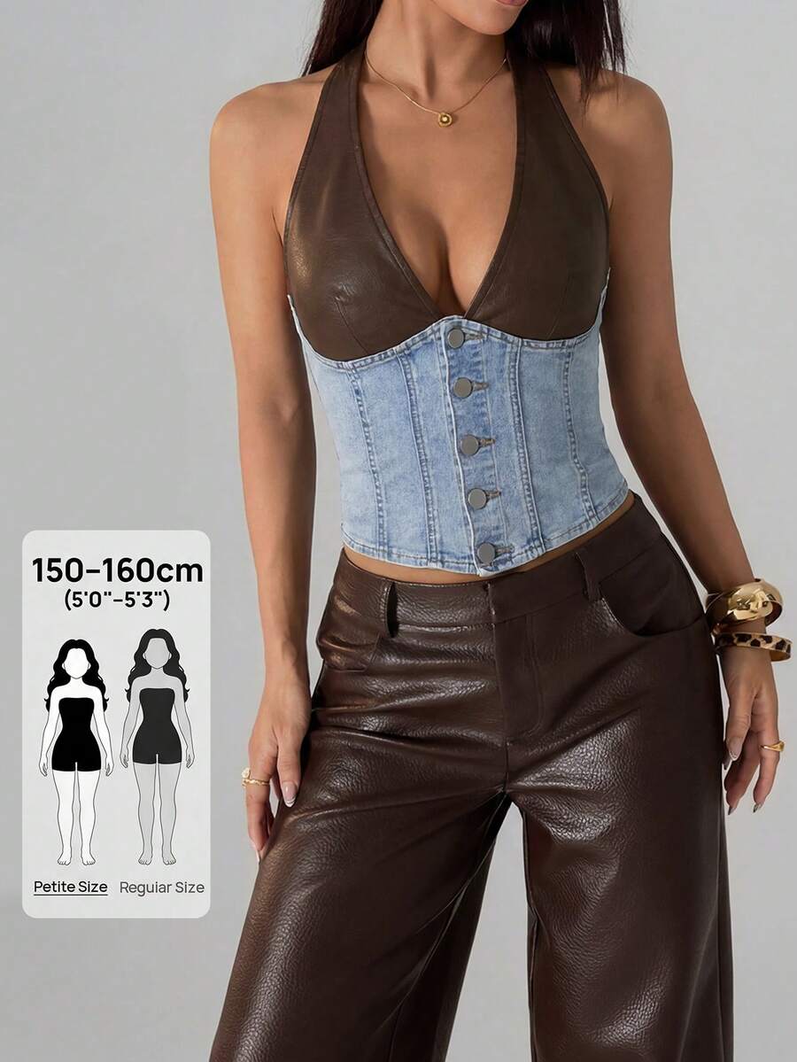 SHEIN Tall Women's Color Block Halter Neck Denim Corset Top