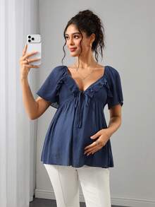 Momance Women's Elegant Textured Fabric Deep Pleated Ruffle Short Sleeve Maternity Top Casual Comfortable Maternity Babyshower Navy Blue Summer Party Morning - Navy Blue - View 4