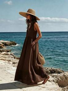 Breezaya Women's Textured Loose Casual White Stand Collar Half-Open Button Sleeveless Dress, Suitable For Beach Travel And Vacation - Brown - View 3