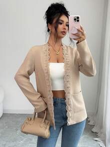 SHEIN Clasi 優雅法式通勤純色蕾絲飾邊夾克外套 米色 辦公室秋季款 - 杏色 - 查看 7