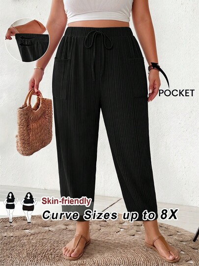 SHEIN CURVE+ Plus-Size Women's Black Autumn Smart Casual Everyday Capri Pants,Textured Fabric Loose Comfortable Elastic Waistband Large Pockets Work Pants Fall