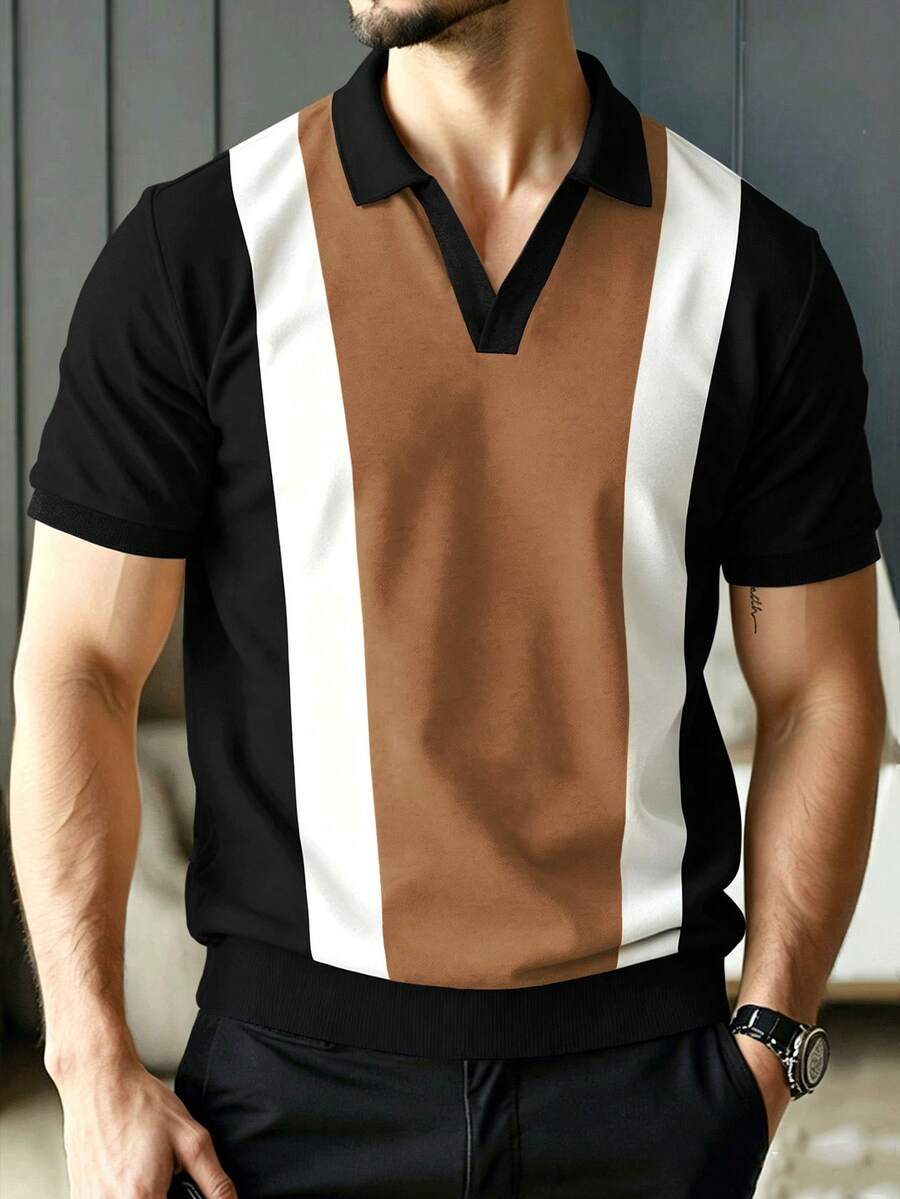 Manfinity Homme 男士休閒簡約條紋短袖 Polo 衫,適合通勤與辦公 - 彩色 - 查看 1