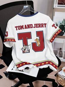 TOM & JERRY X SHEIN Kaos Wanita Kasual Musim Panas dengan Motif Kartun - Putih - View 2