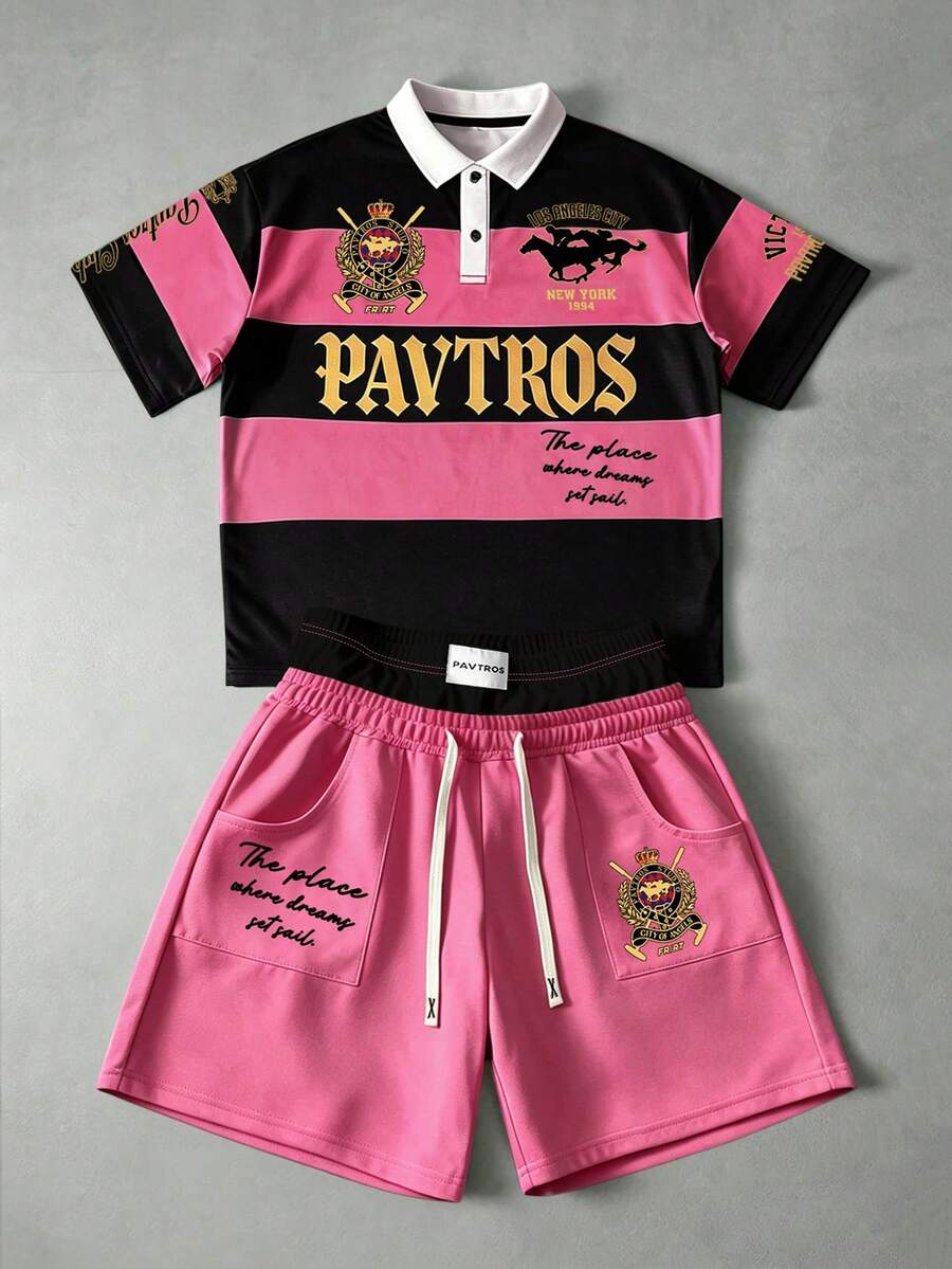 PAVTROS 男士美式學院風徽章刺繡T恤與短褲2件套，Polo領半袖T恤，2合1短褲，針織運動套裝，美式復古學院風，高街時尚，奢華運動風，日常通勤，校園活動，聚會，輕社交，高爾夫及其他戶外運動，節日禮物 - 粉色 - 查看 1