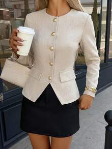 Siren Gaze 女款優雅商務休閒輕便長袖短版西裝外套，配米色鈕扣，適合辦公室或休閒穿著 - 杏色 - 查看 4