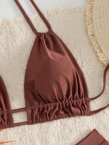 Swim Chiccia Vacation Beach Solid Color Two-Piece Swimsuit Set - Coffee Brown - View 6