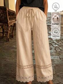 Isle Nomé Women's Spring/Summer Cotton Blend Loose Lace Patchwork Wide Leg Long Pants, Suitable For Beach Vacation, Travel, Daily Wear And Home - Khaki - View 7
