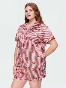Bonmuse Plus Size Women Bowknot Striped Print Short Sleeve Shorts Pajama Set - Red - View 6